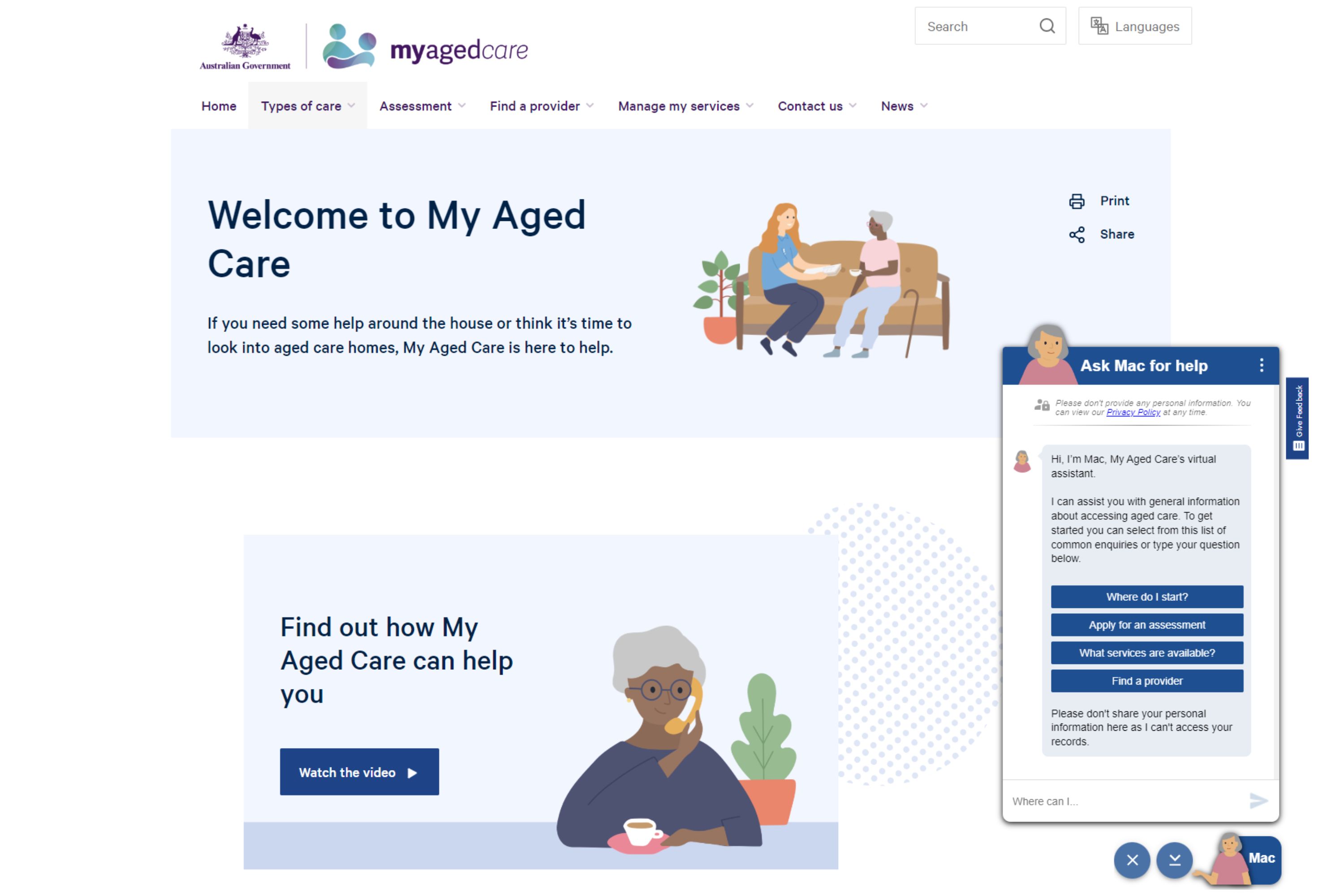 A screenshot of the My Aged Care website
