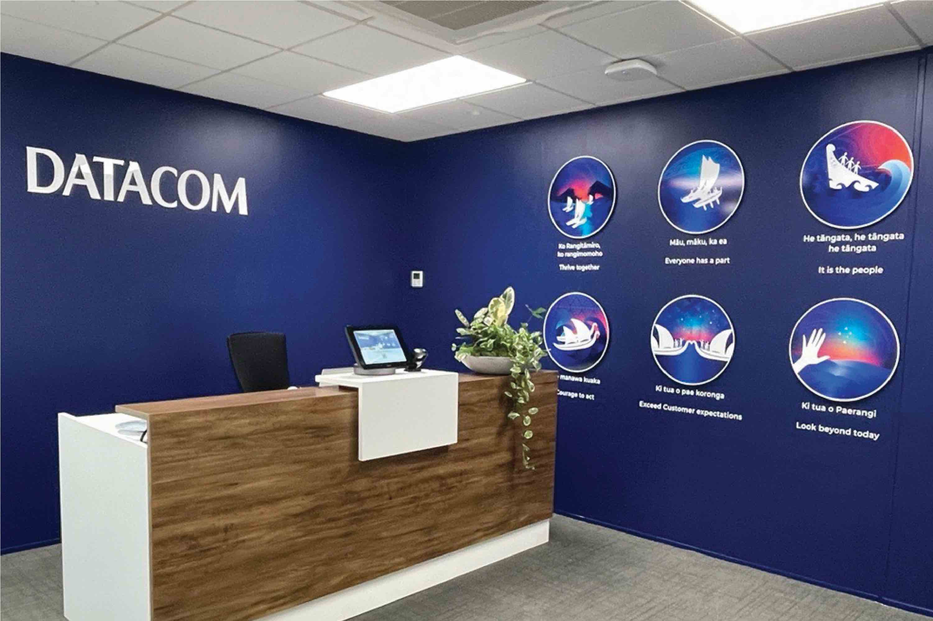 Datacom's Nelson office with the New Zealand values displayed at the front desk.