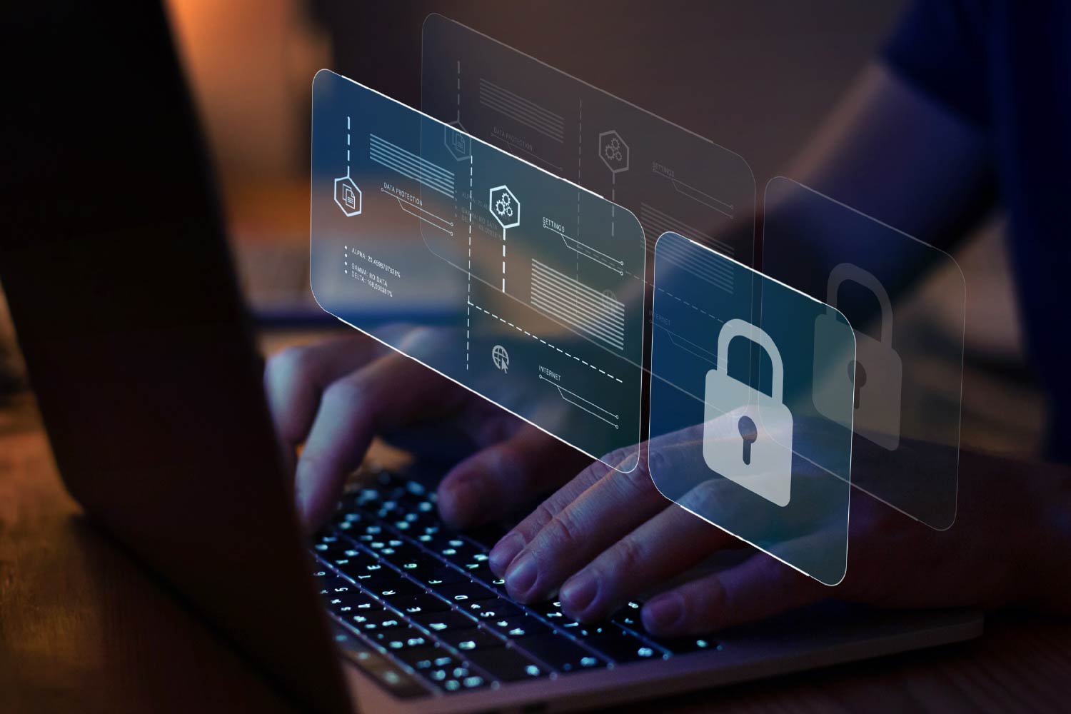 Person typing on a laptop with virtual data security icons overlayed