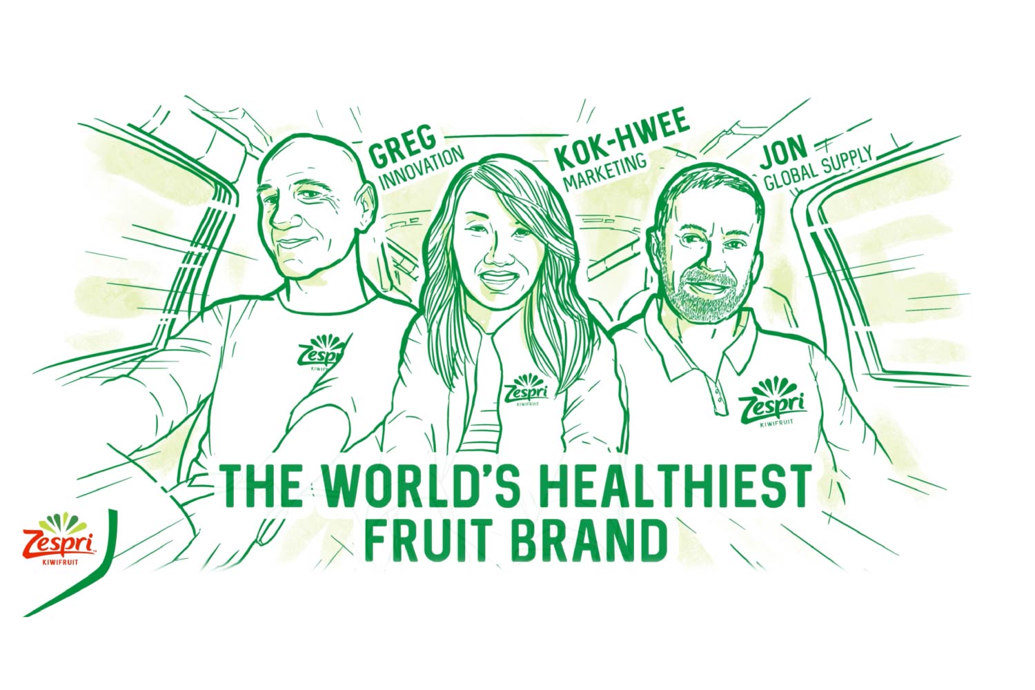 Line illustration of 3 Zespri employees, with text saying "The world's healthiest fruit brand"
