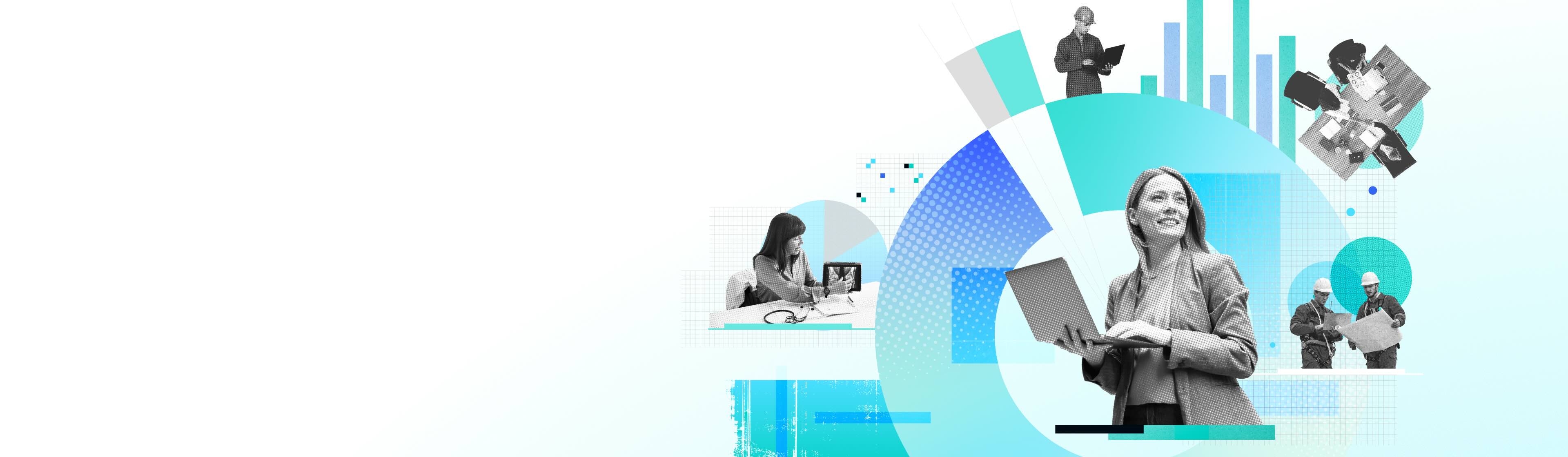 A stylised collage showing several people in different work settings, with charts and tech visuals in the background, representing how AI is being used across teams and roles.