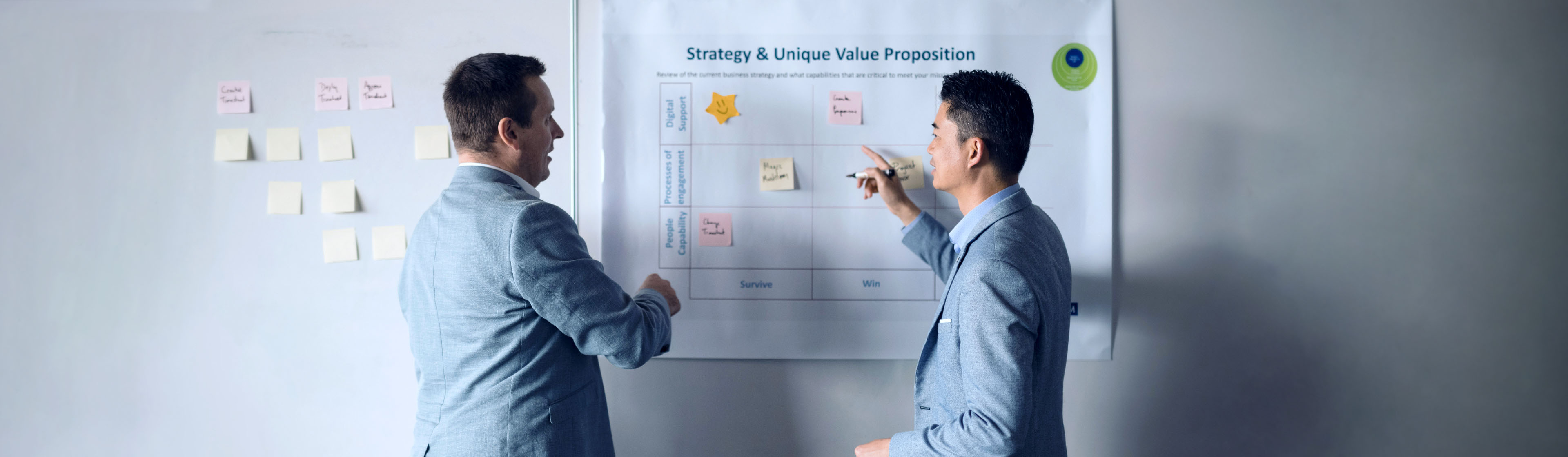 Two businessmen discussing sticky notes on a whiteboard