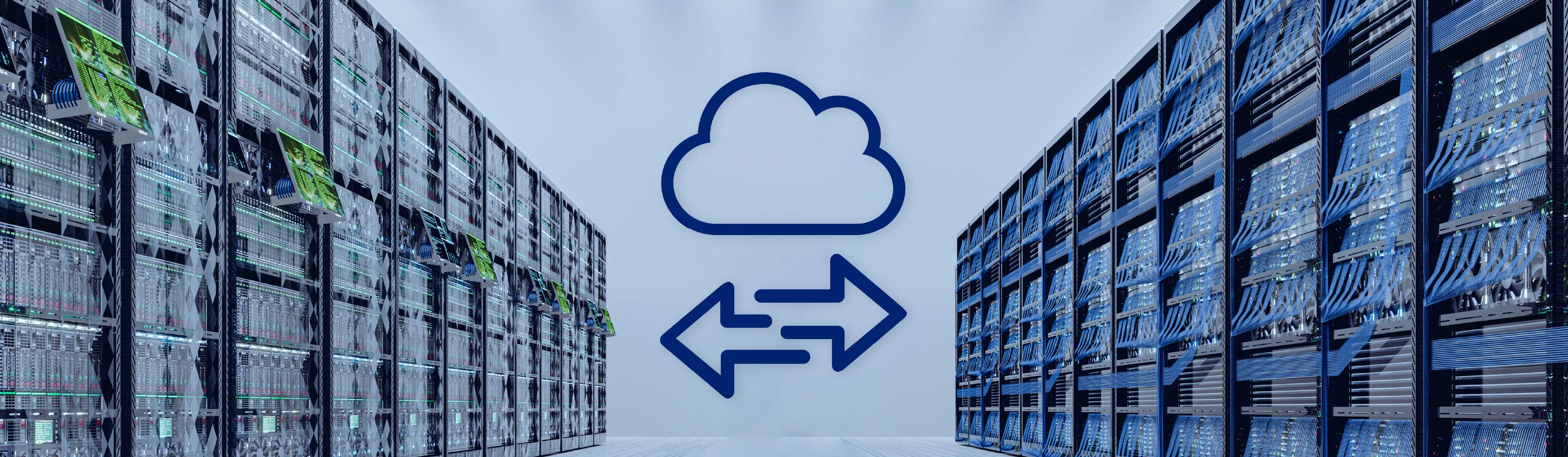 A cloud icon with arrows point left and right amongst server racks
