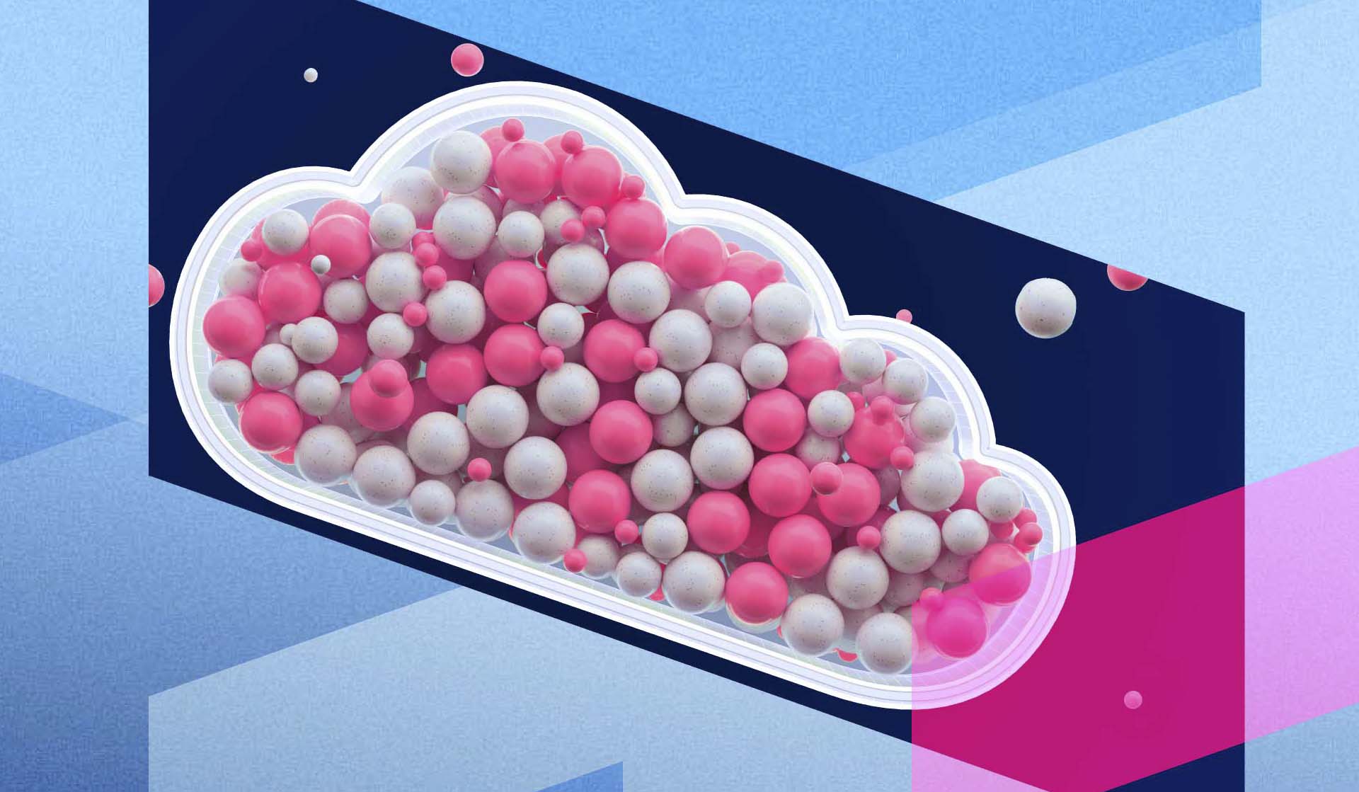 Hundreds of white and pink balls fitting perfectly into in a cloud container