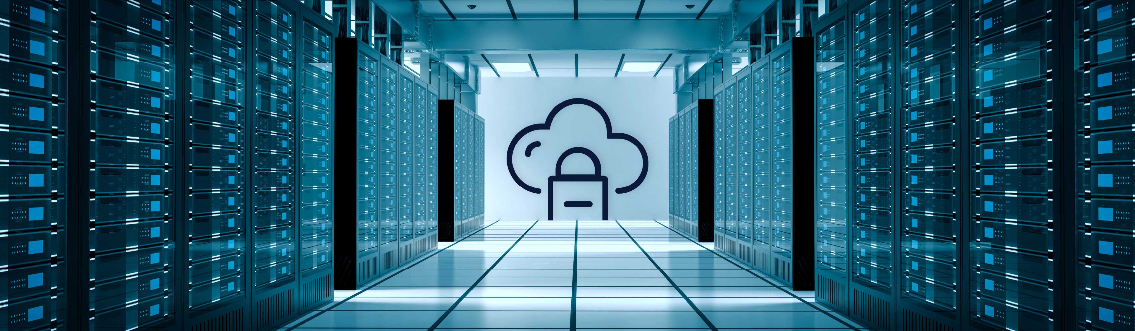 A cloud icon with a lock amongst server racks