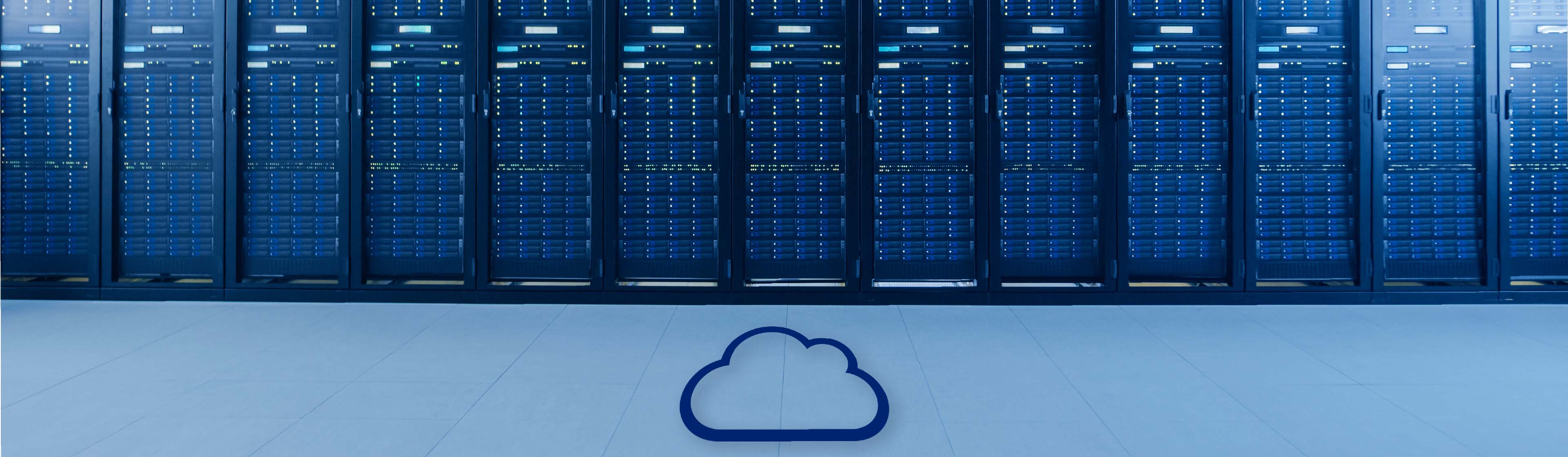 A cloud icon on the ground in front of a row of servers