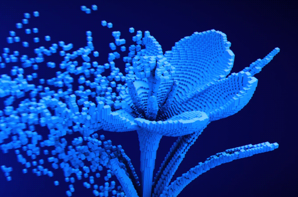 A blue digital flower made up of blocks