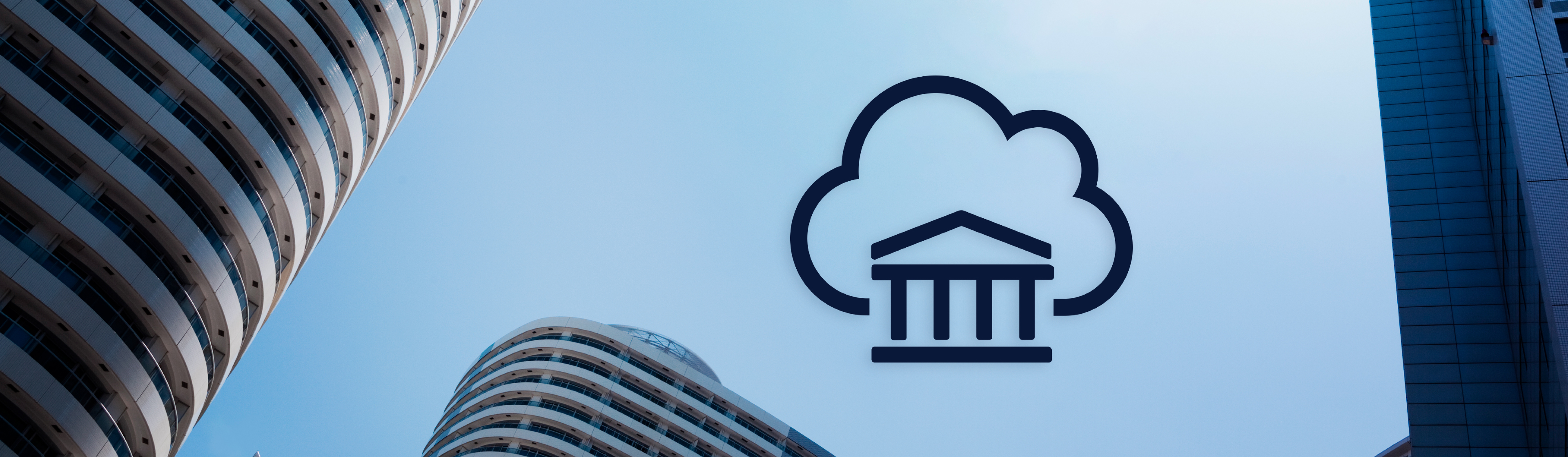 A government building icon surrounded by a cloud amongst high-rise buildings