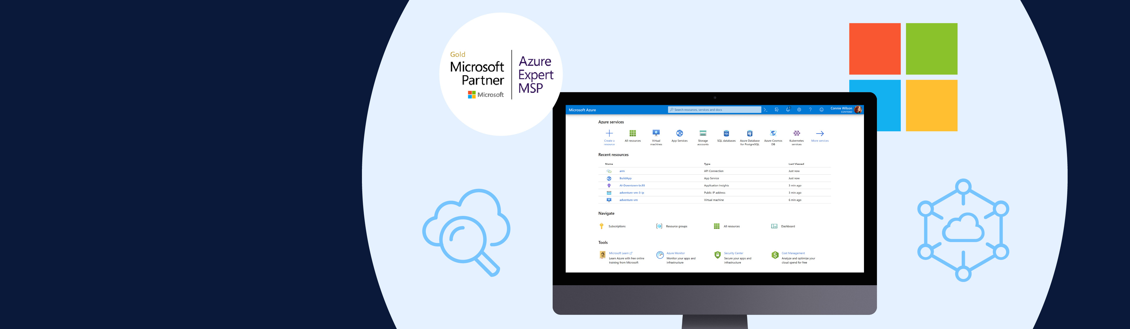 A screen mockup of the Microsoft Azure software surrounded by cloud icons