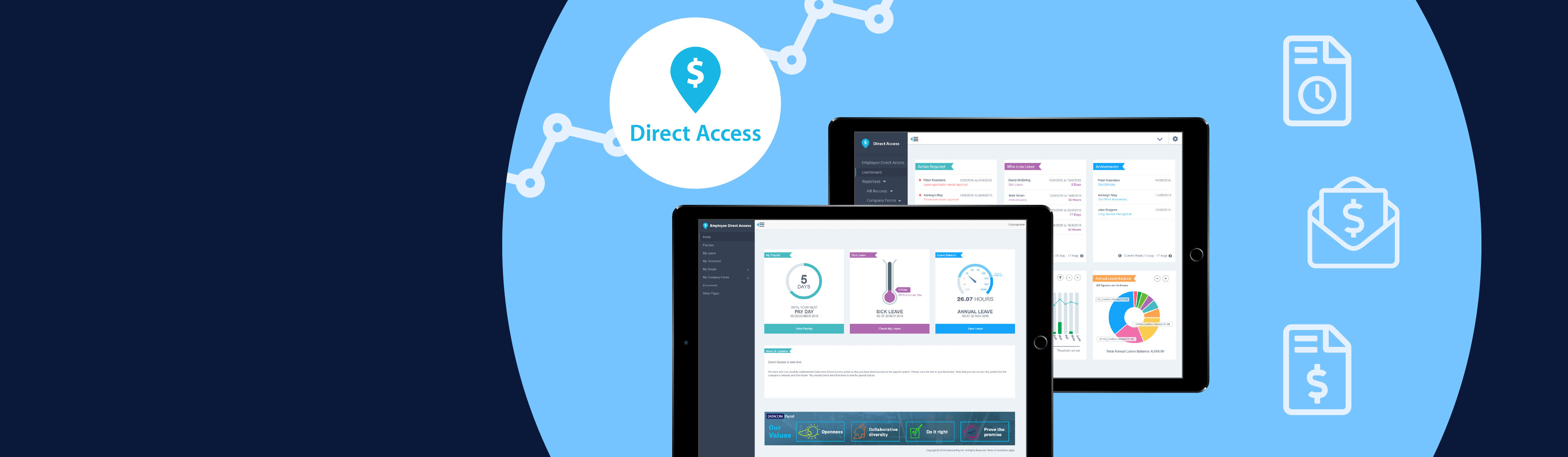 A tablet mockup of the Direct Access software surrounded by the logo and payroll icons