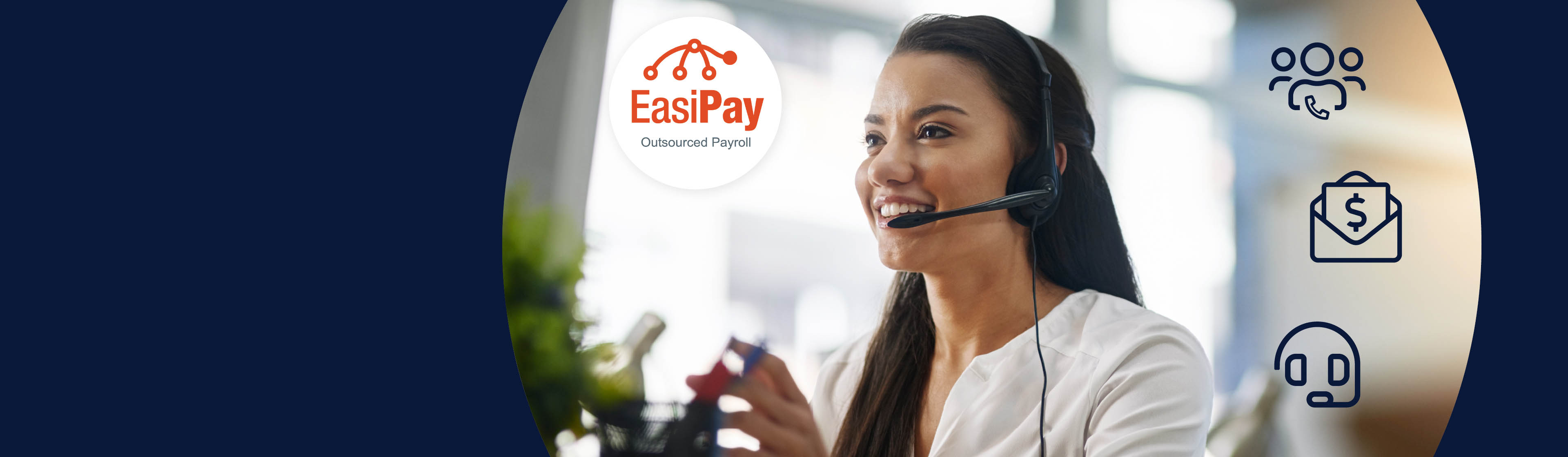 A female customer service representative using a headset and payroll icons