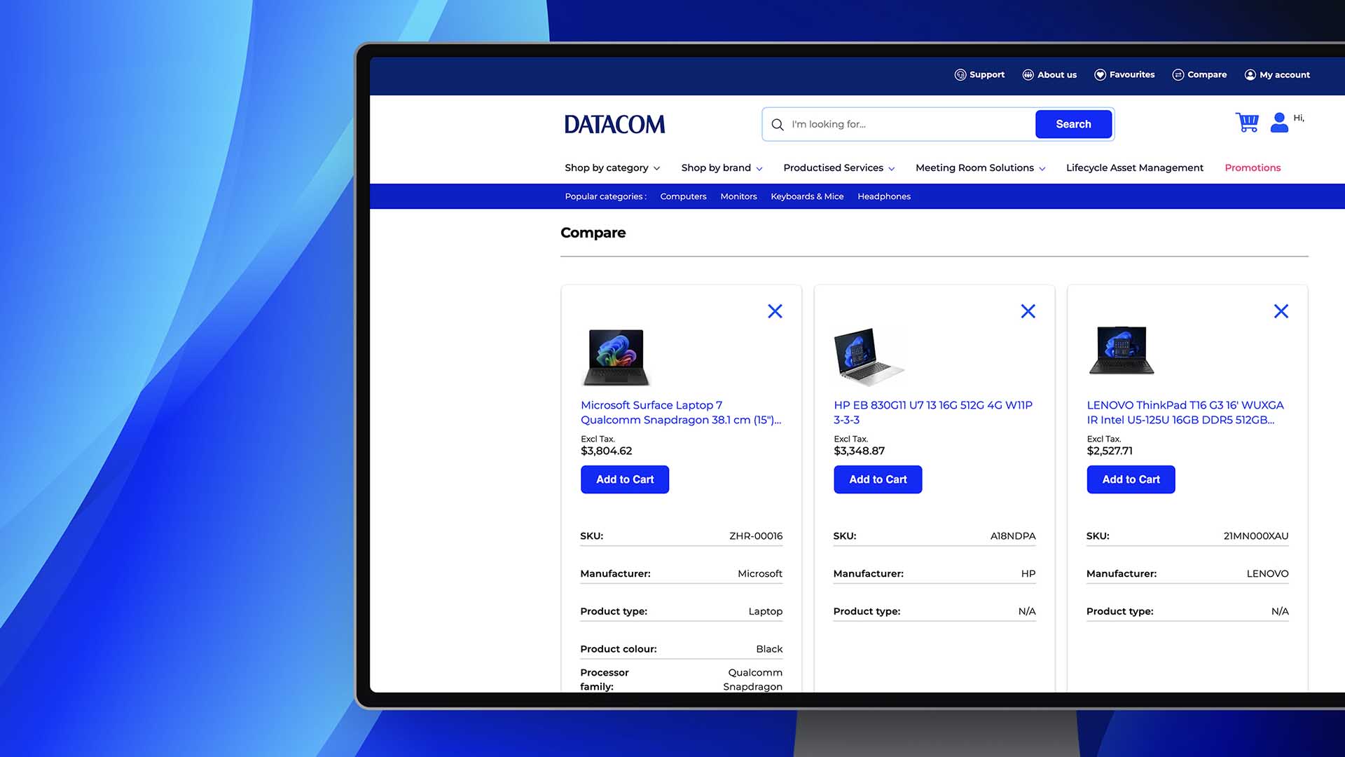 Screen mockup of the Datacom store comparison page
