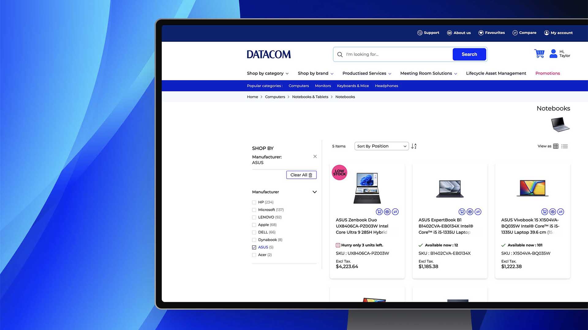Screen mockup of a filtered product category page