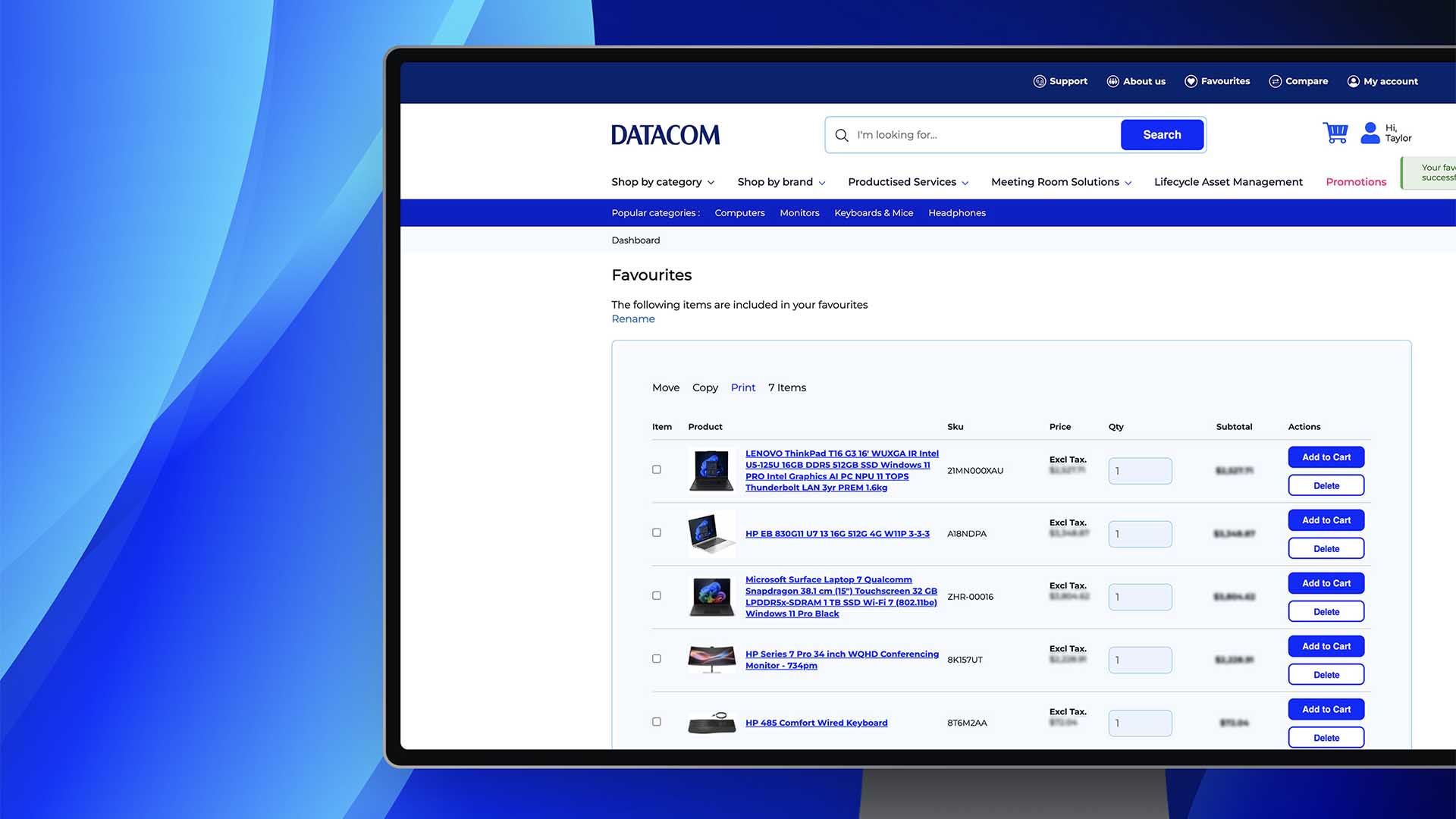 Screen mockup of the Datacom store favourites page