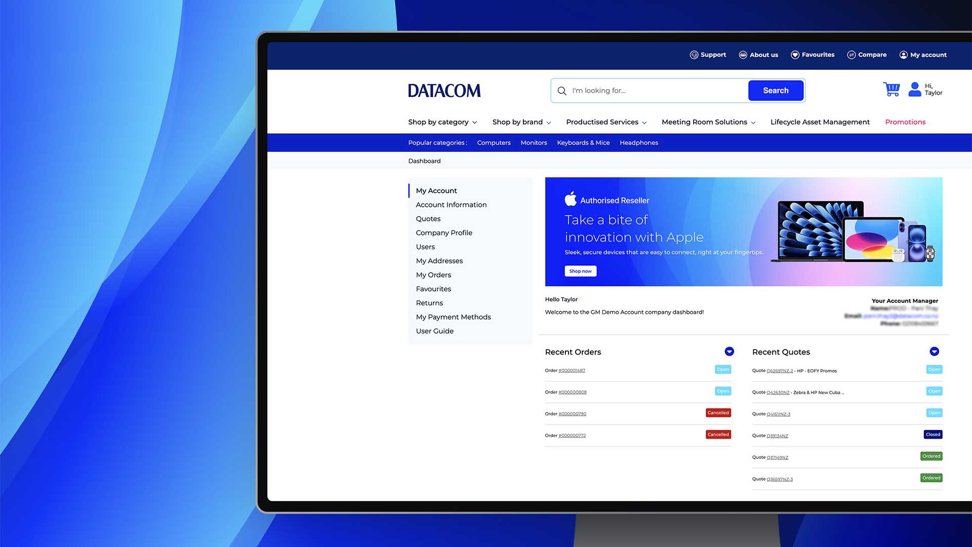 Screen mockup of the Datacom store account dashboard