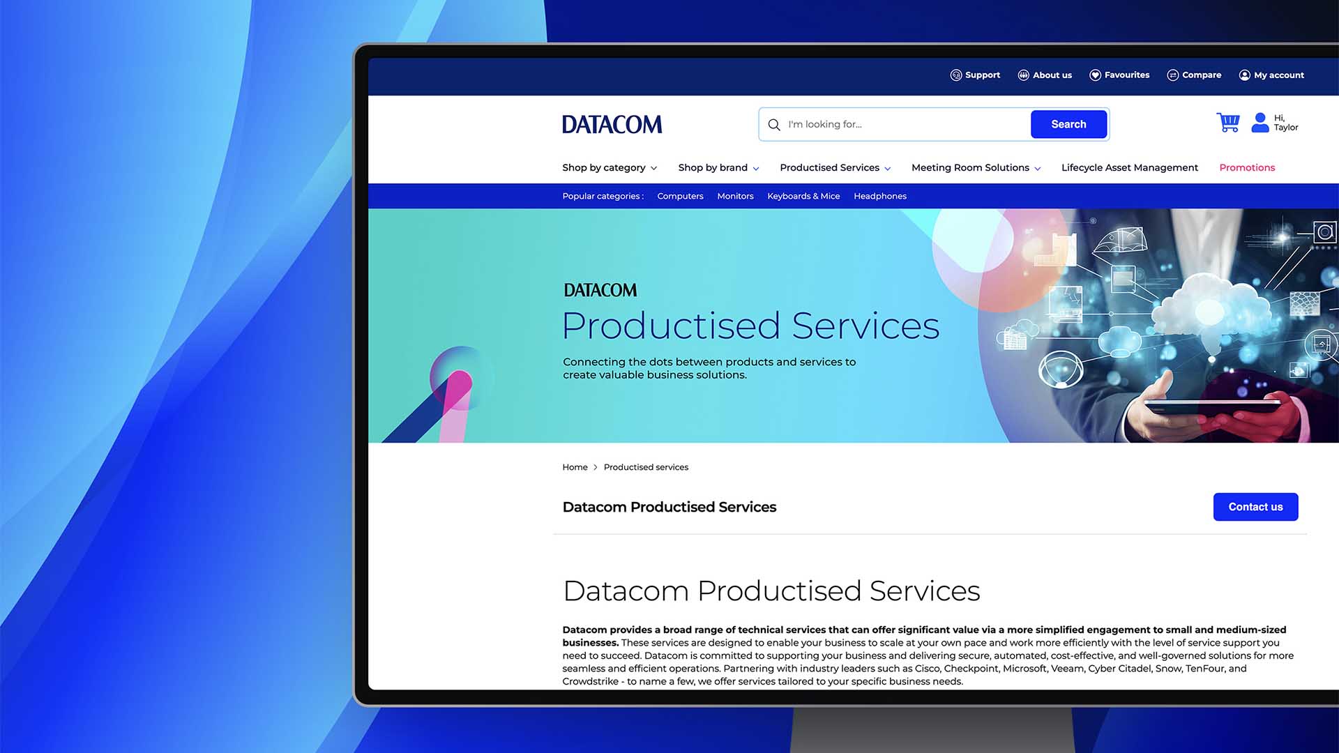 Screen mockup of the Datacom store productised services page