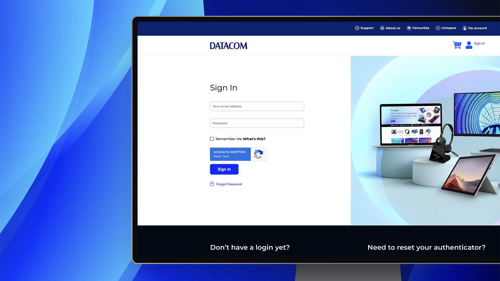 Screen mockup of the Datacom store sign in page