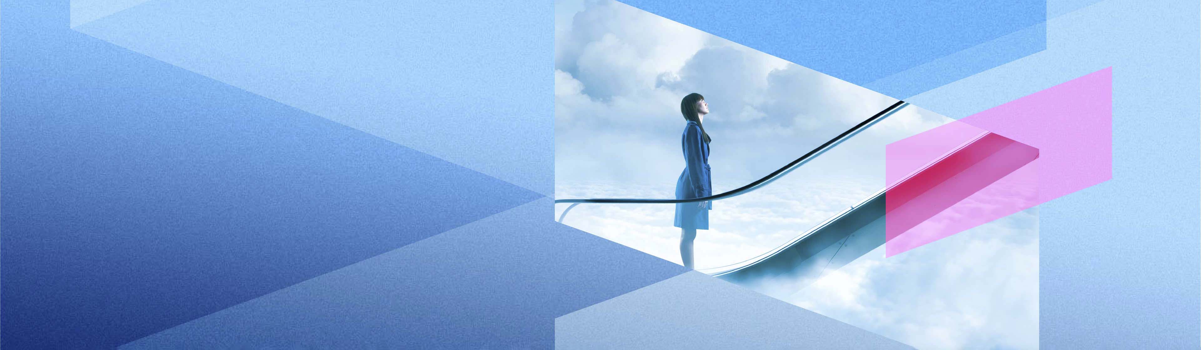 A woman looking up a escalator in the clouds surrounded by angular geometric shapes