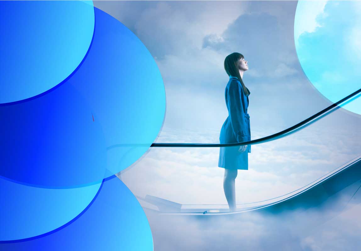 A woman looking up a escalator in the clouds surrounded by angular geometric shapes