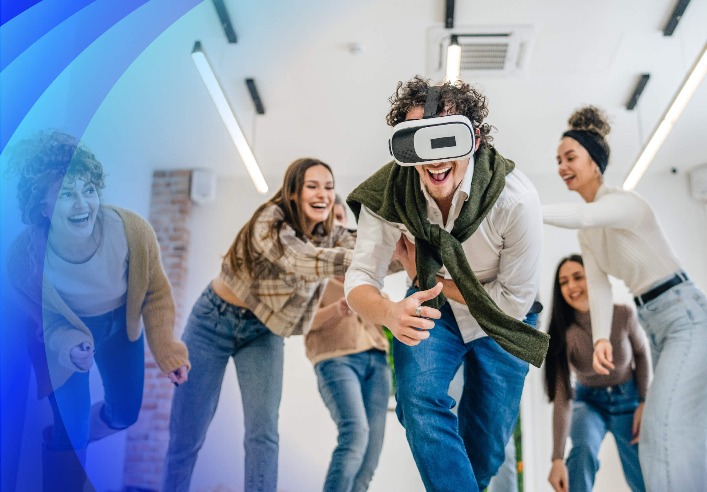 Group of people using VR headset smiling