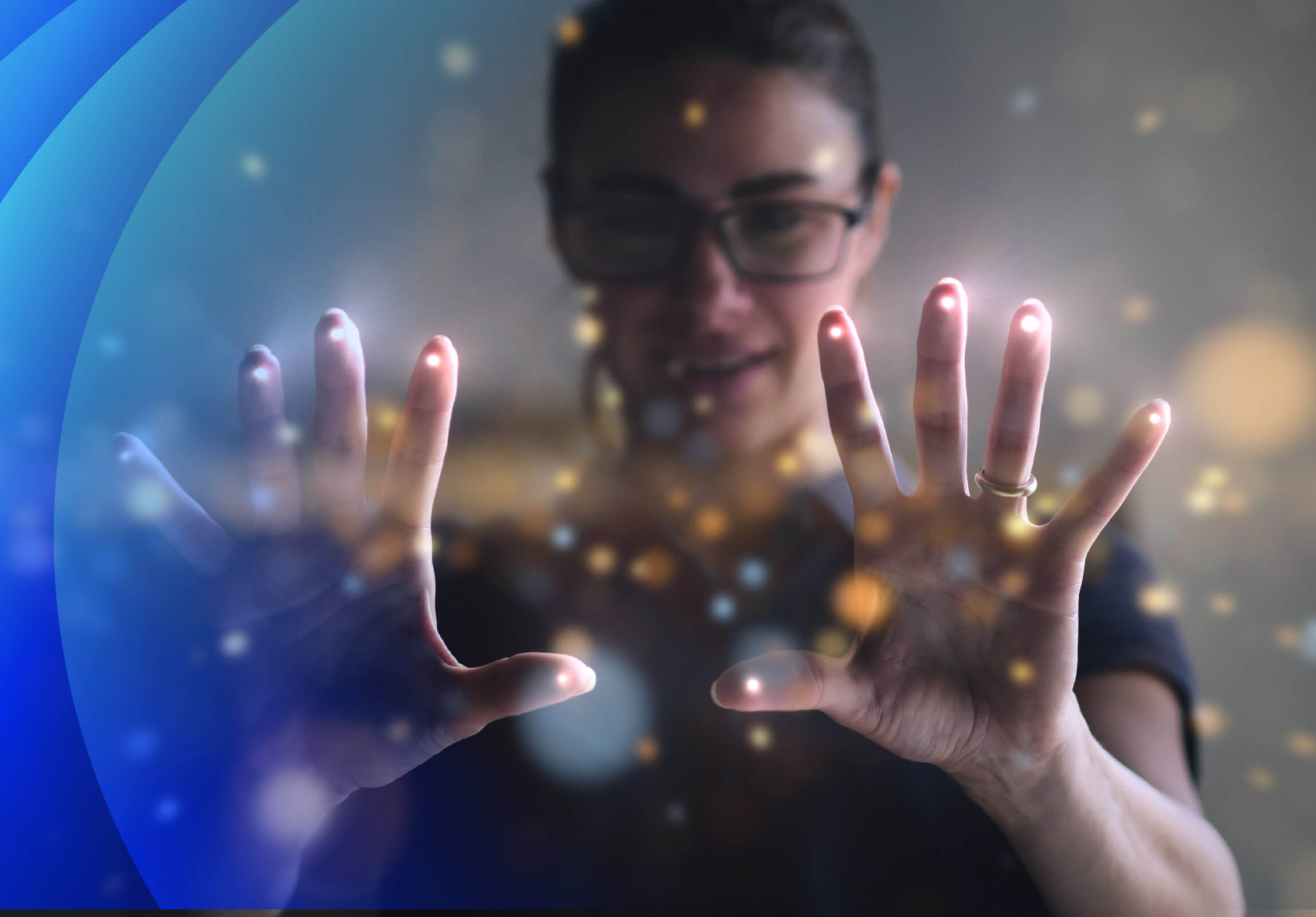 A young women using augmented reality hologram with both hands
