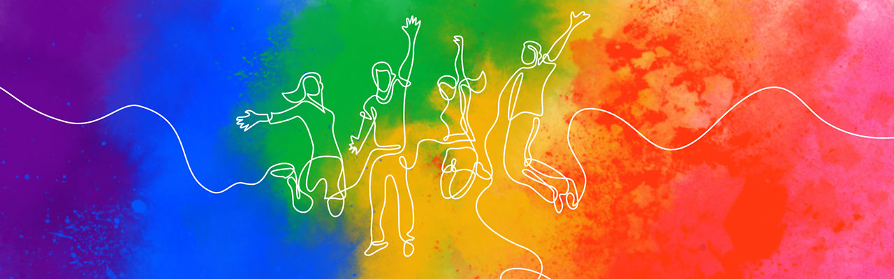 A rainbow splash with a Datacom pride illustration