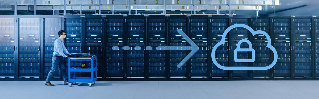 A data centre working walking towards a private cloud icon