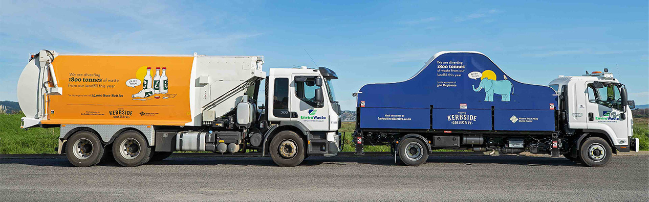 Two Kerbside Collective rubbish and recycling trucks
