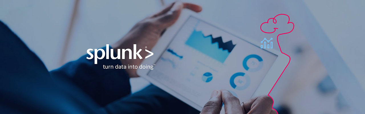 The splunk logo on top of an image of a person using a tablet
